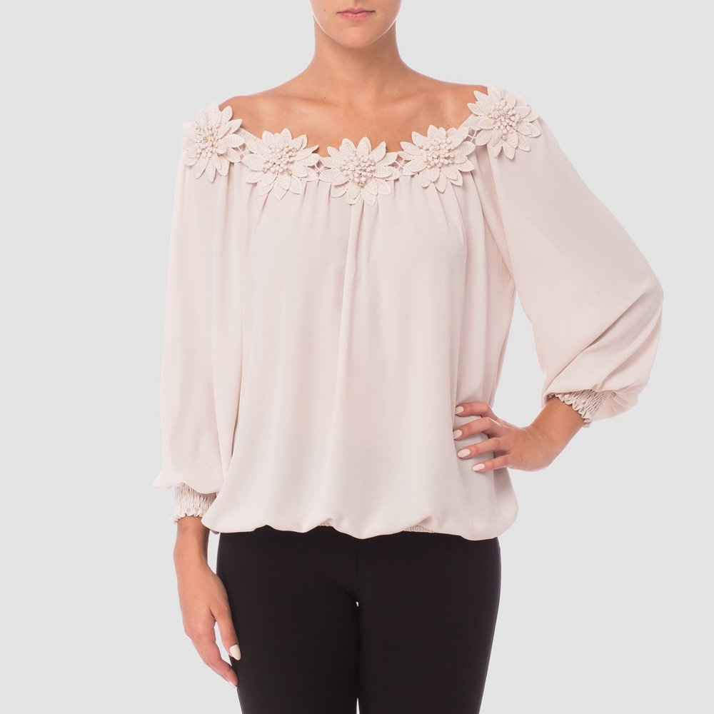 Joseph Ribkoff Champagne off the shoulder blouse - Picture 1 of 11